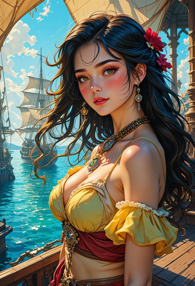 Anime pirate girl in sunlight at colorful harbor