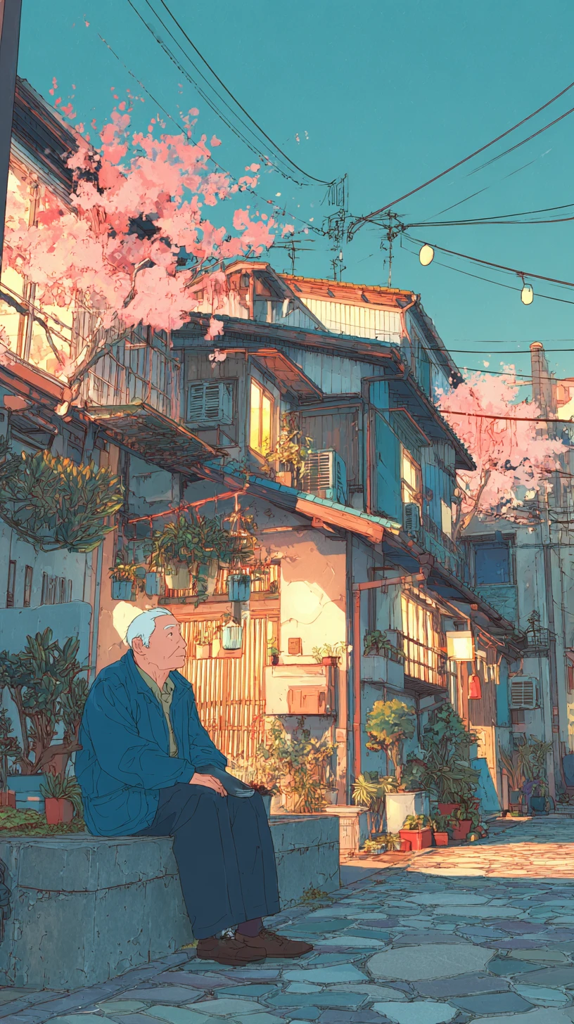 Anciano descansando en el bordillo de una calle tranquila de Tokio
