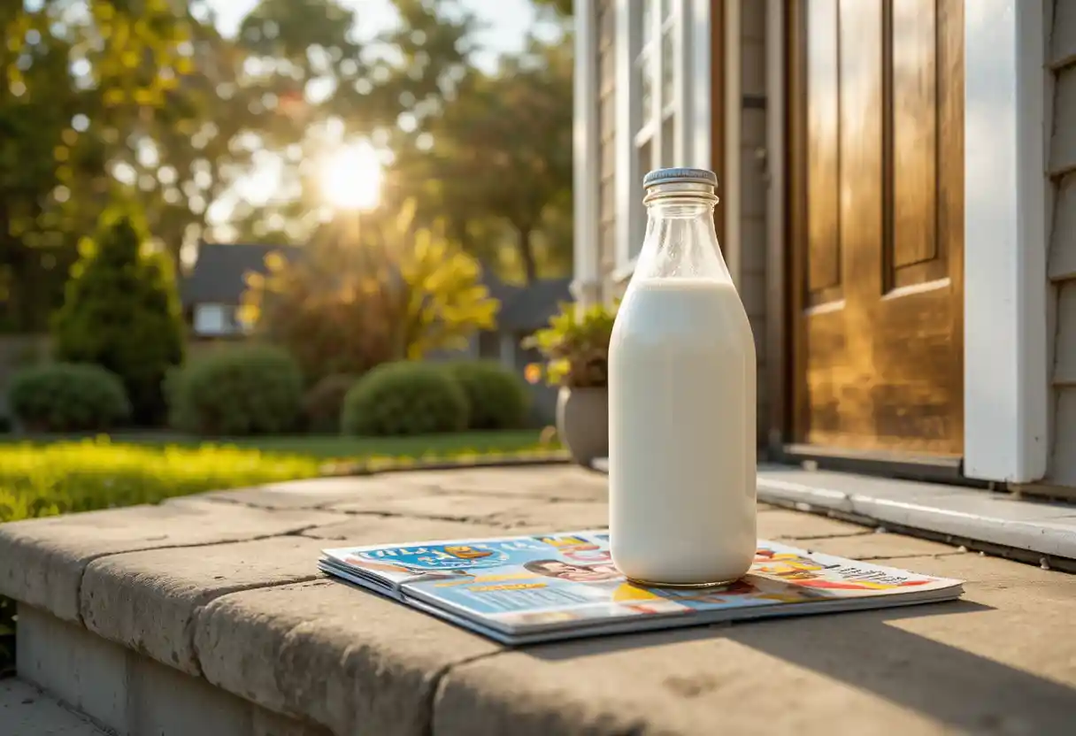 Milchflasche und Kinderzeitschrift auf sonniger Gartentürschwelle