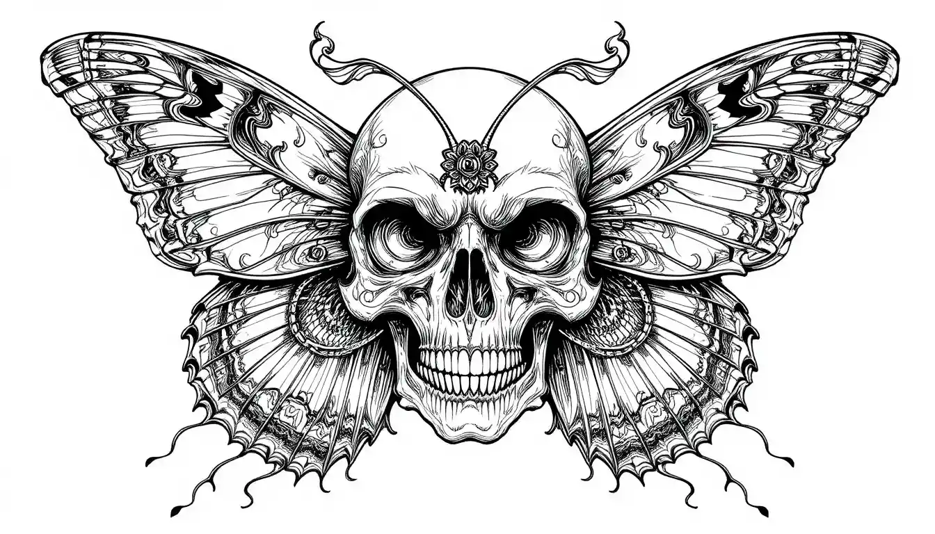 Gothic skull butterfly line art for adult coloring