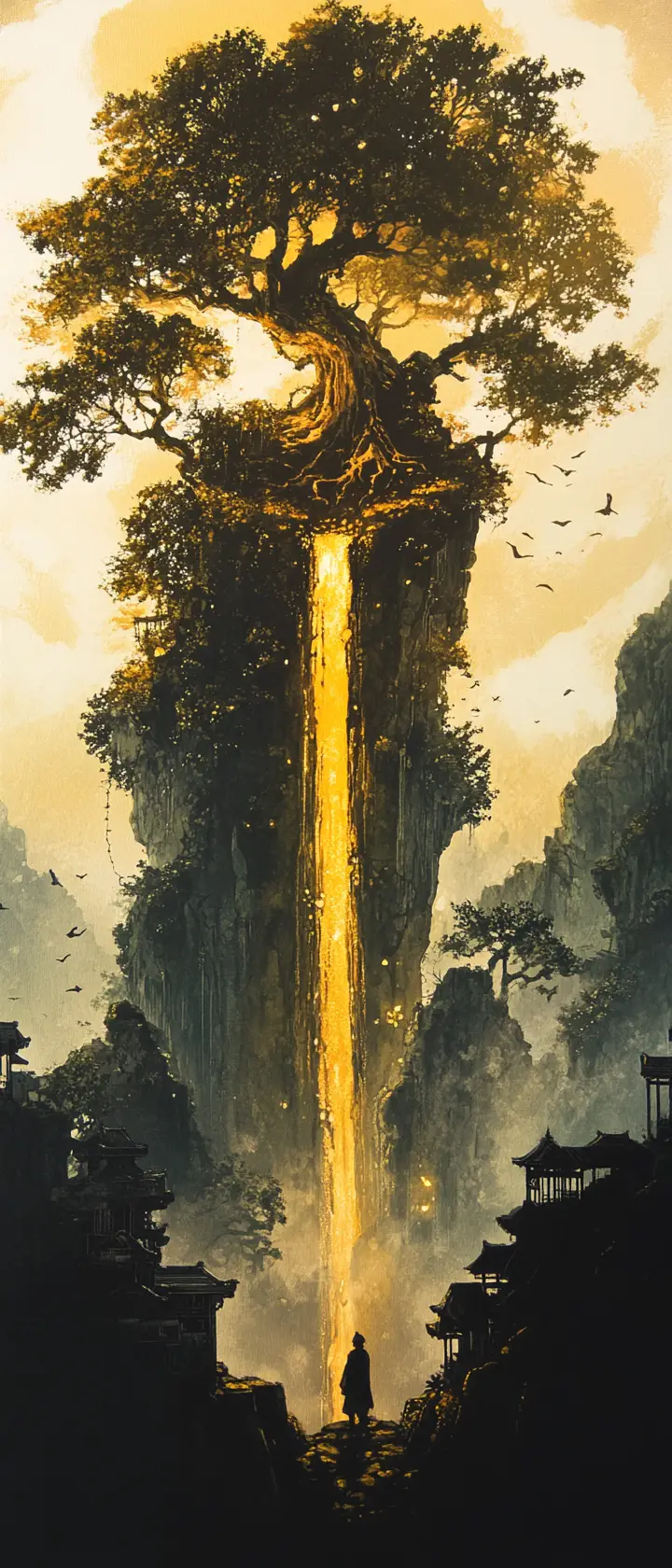 Ancient tree bleeding luminous amber sap of lost memories