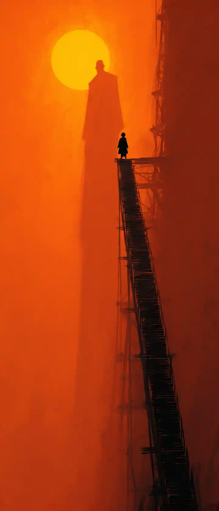 Pequeño niño en lo alto de una escalera colosal con un rey de sombras gigante