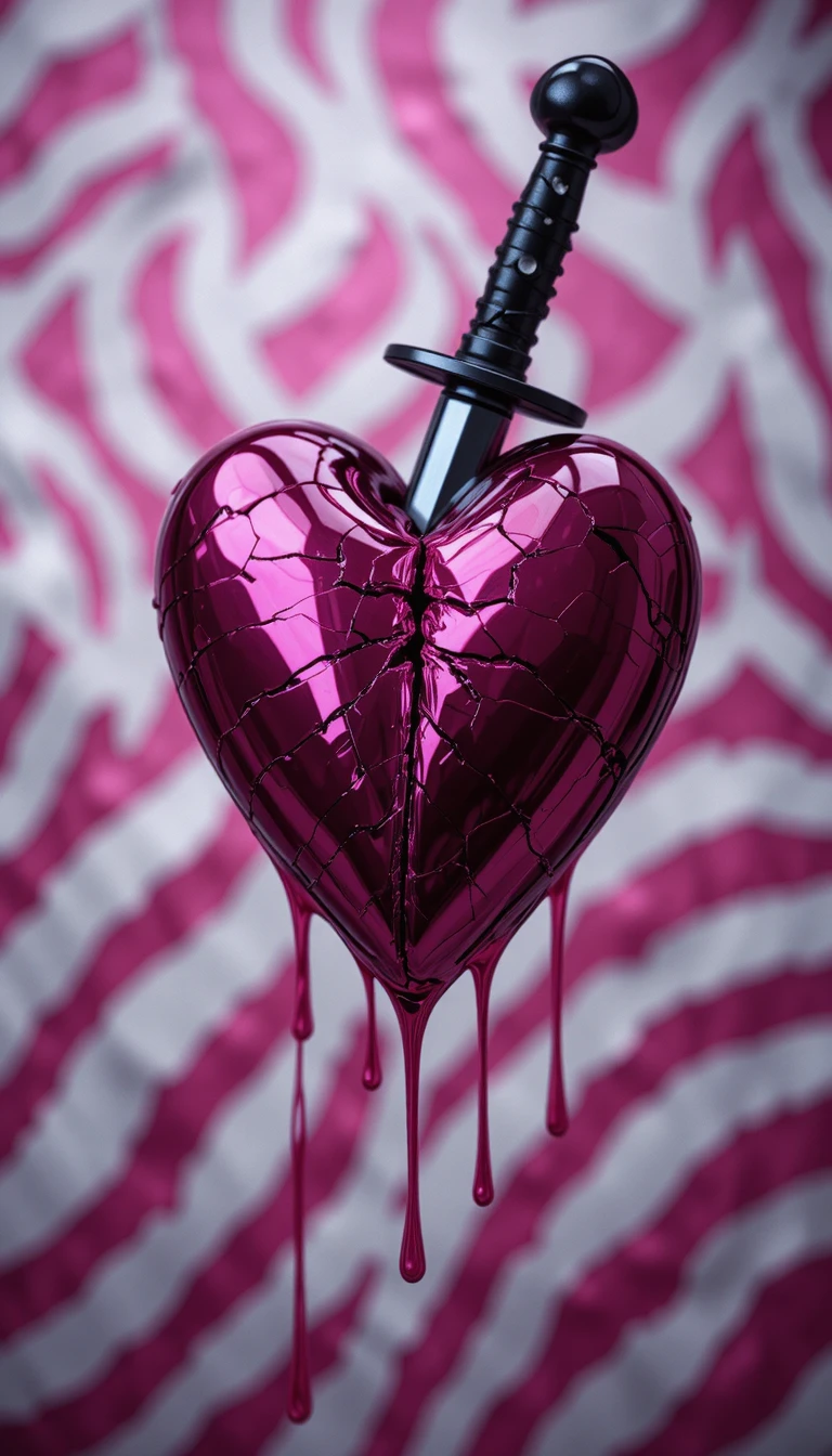 Foil heart pierced by dagger with dripping pink blood