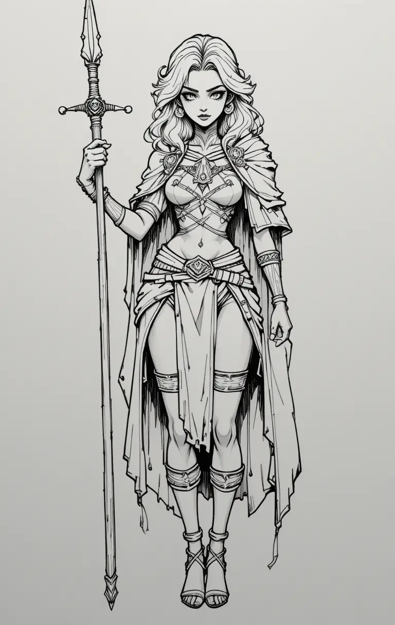 Fierce blonde warrior woman in tribal armor drawing
