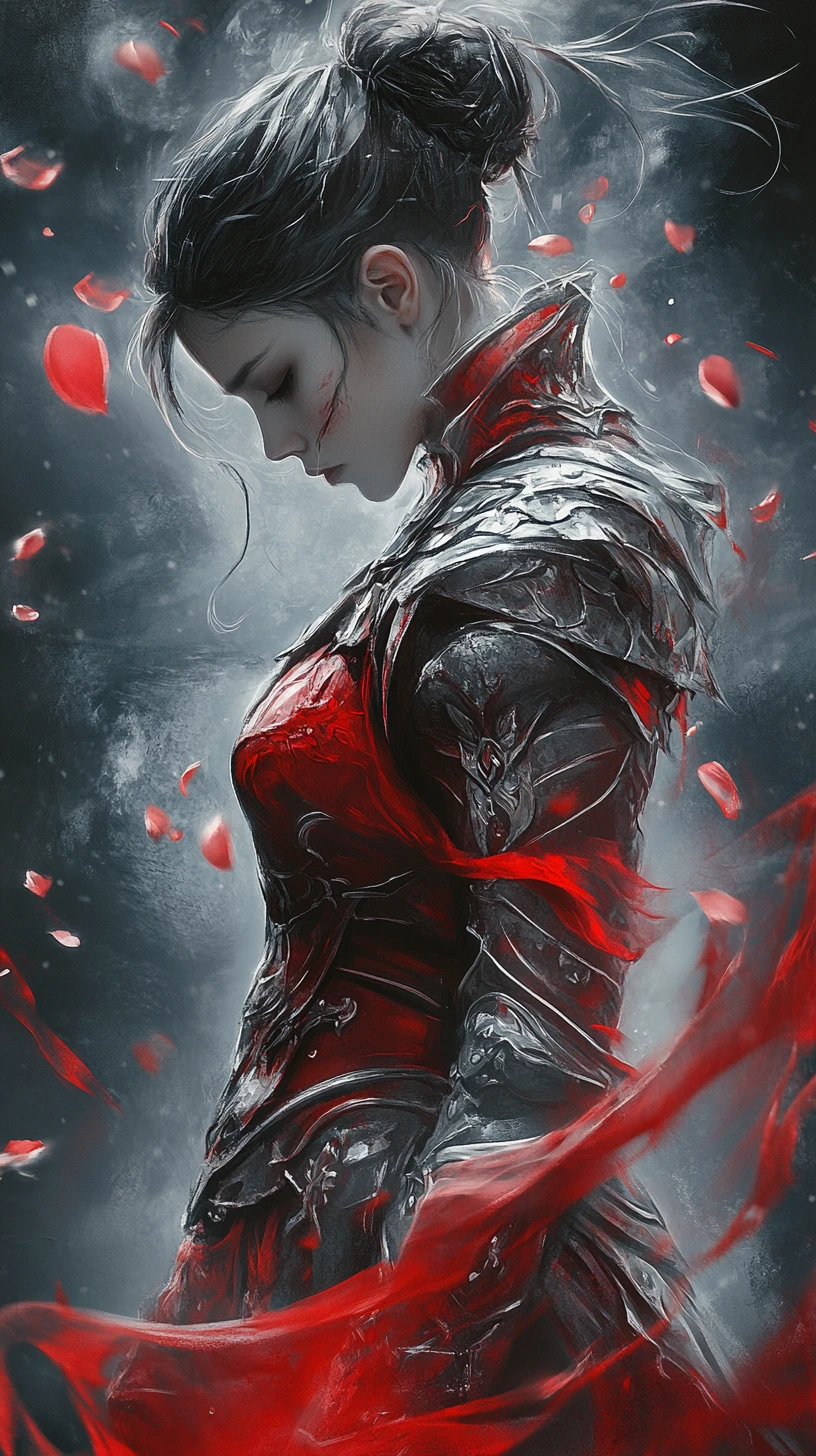 Melancholic female warrior in broken crimson fantasy armor