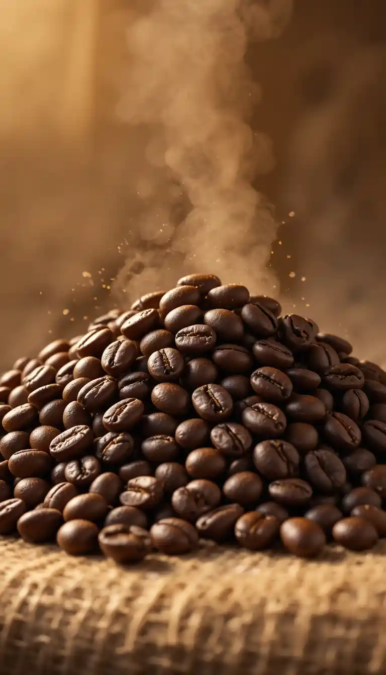 Chicchi di caffè tostati su juta in una luce calda e soffusa