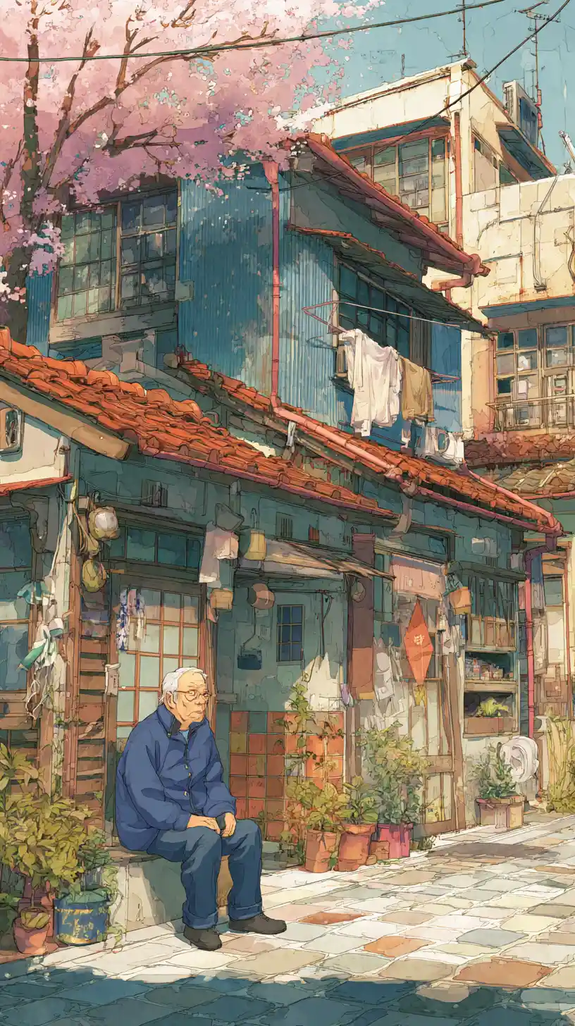 Elderly man resting on a quiet Tokyo street at dusk
