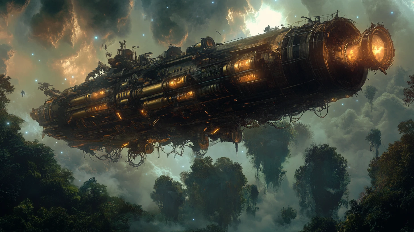 Steampunk airship above a glowing alien jungle sky
