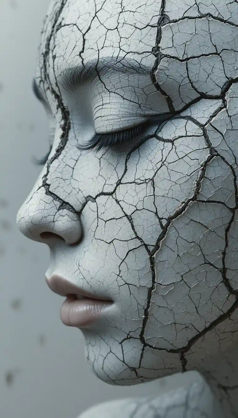 Close up cracked face with serene eye and mouth