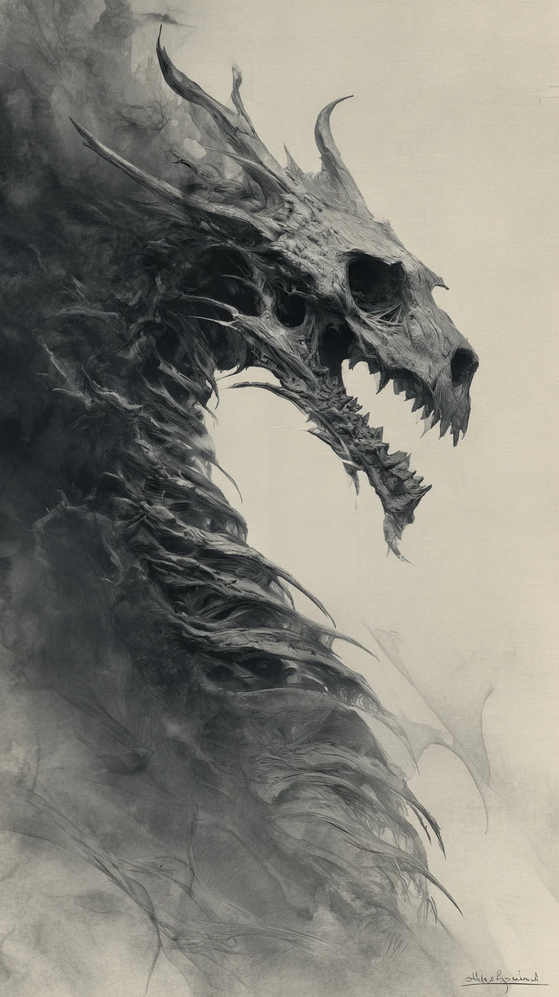Monochrome skeletal dragon emerging from swirling smoke