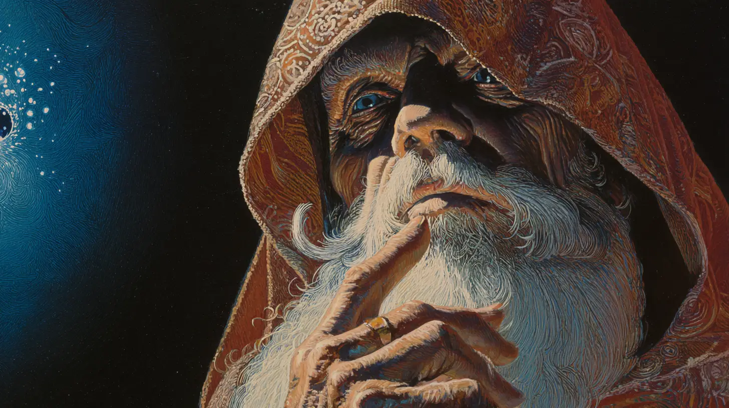 Vintage pulp style sorcerer shrouded in mysterious darkness