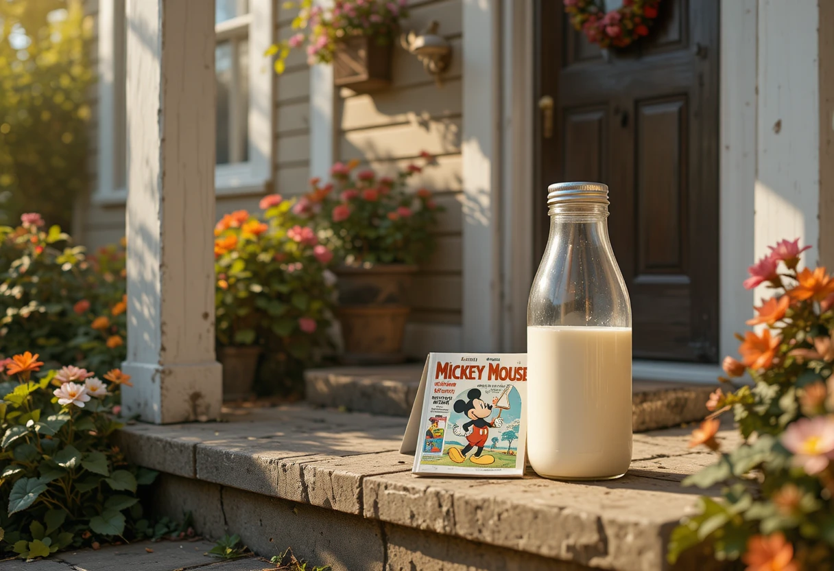 Vintage-Milchflasche auf sonniger Haustürstufe mit Magazin