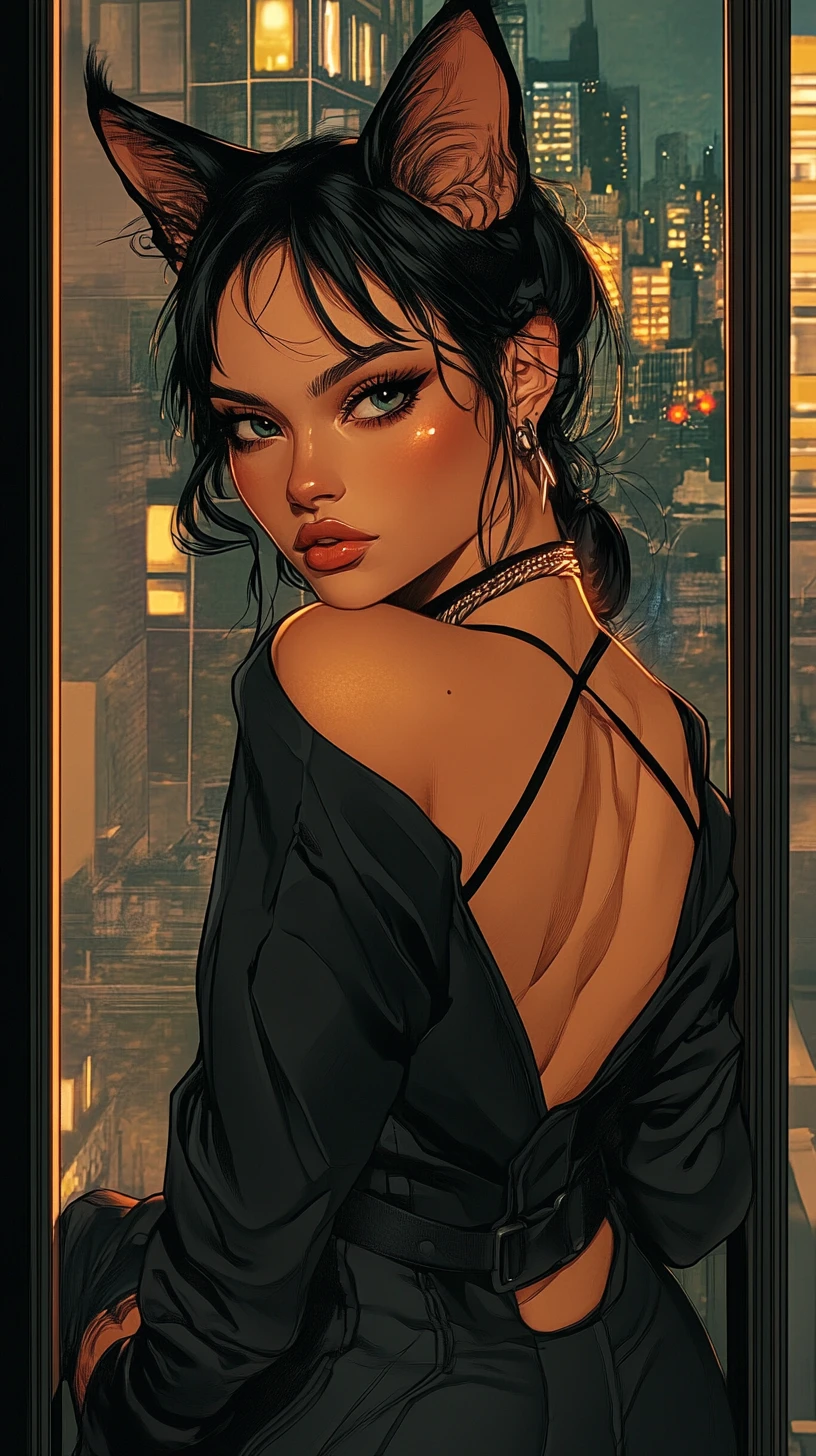 Femme d’anime aux oreilles de chat dans une illustration urbaine dramatique