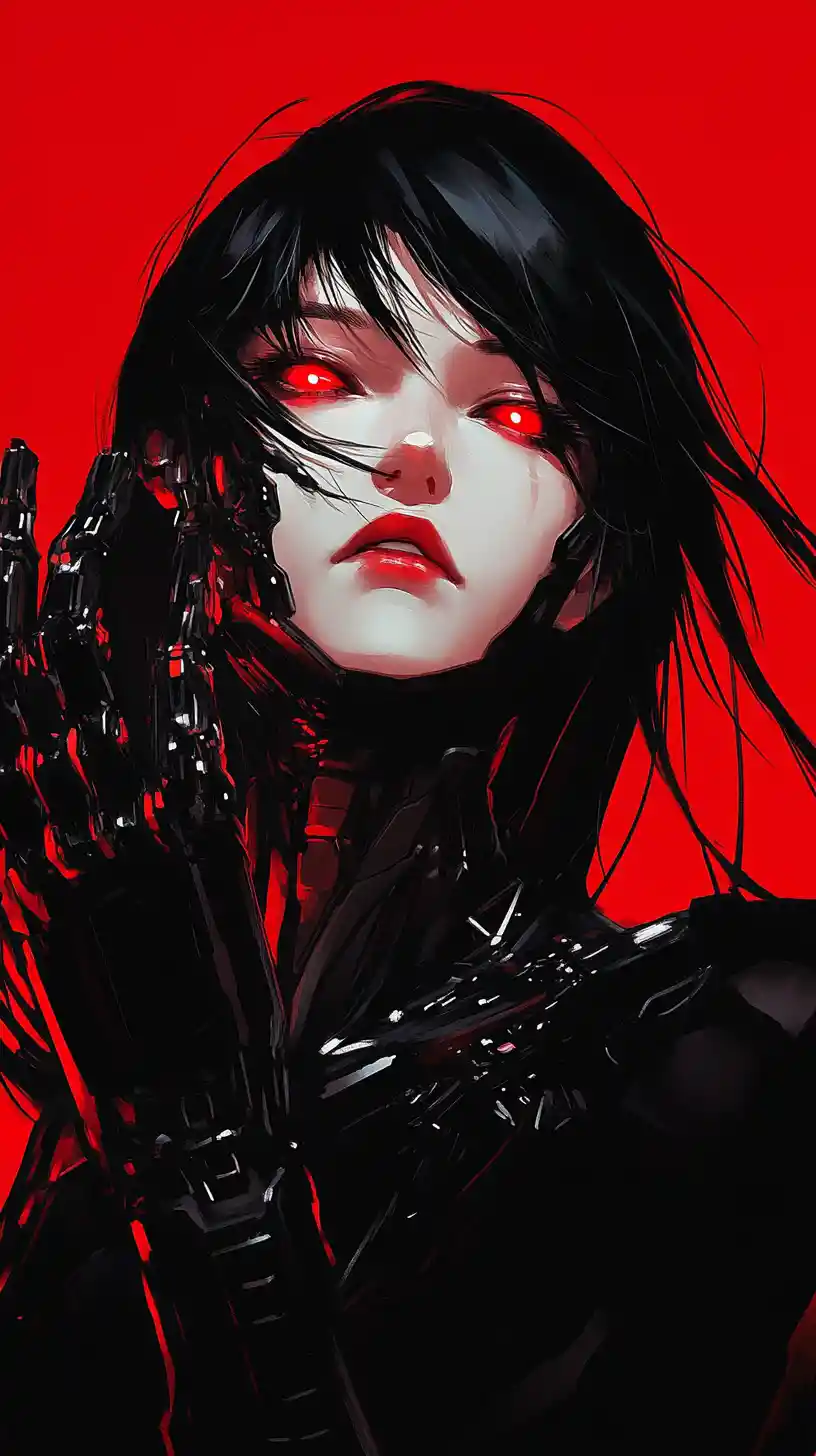 Donna cyborg con occhi cremisi su sfondo rosso uniforme