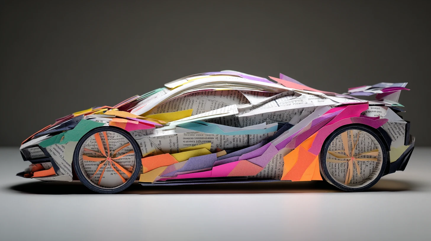 Futuristischer Sportwagen aus Papier mit minimalistischem Innenraum