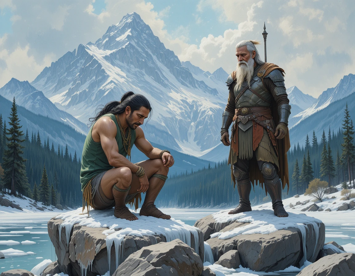 Guerrero observando a un hombre que se desploma sobre una roca helada