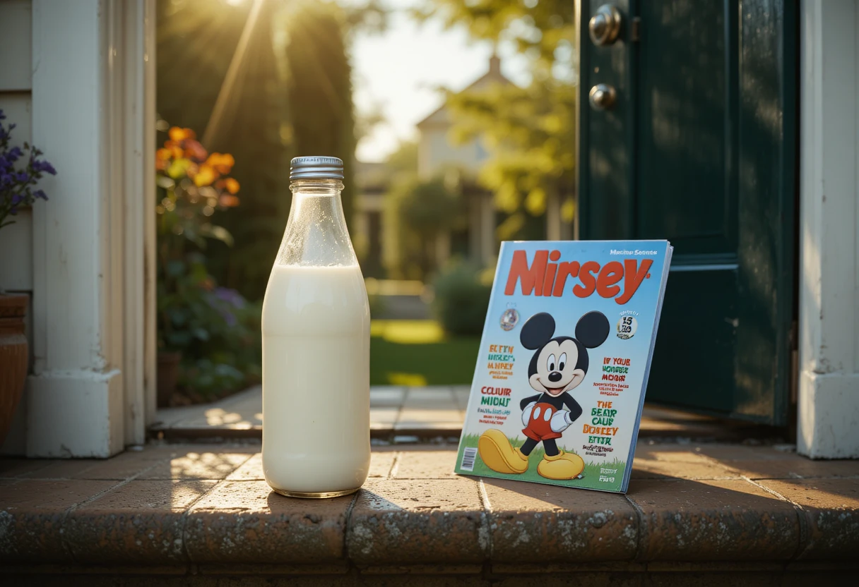 Milchflasche und Kindermagazin auf sonniger Haustürschwelle