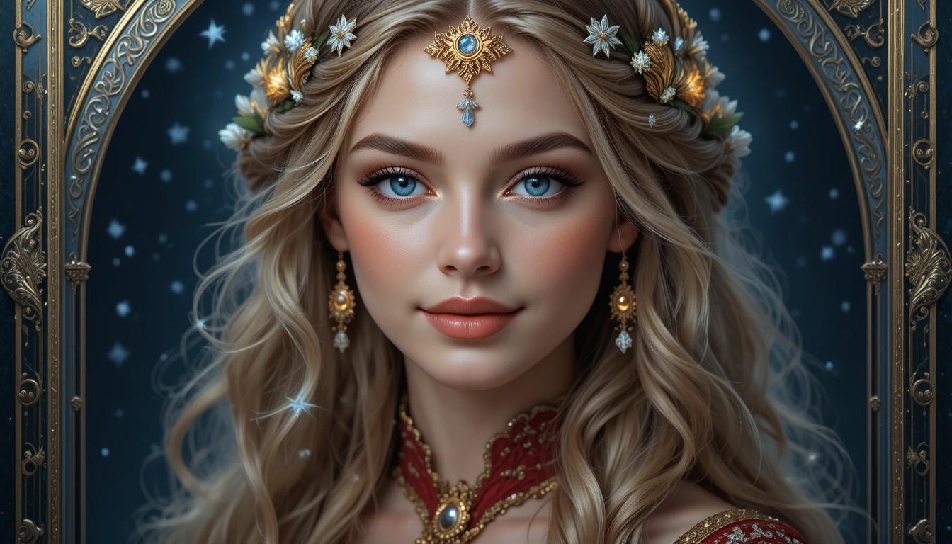 Ethereal blue eyed woman in celestial gold headpiece