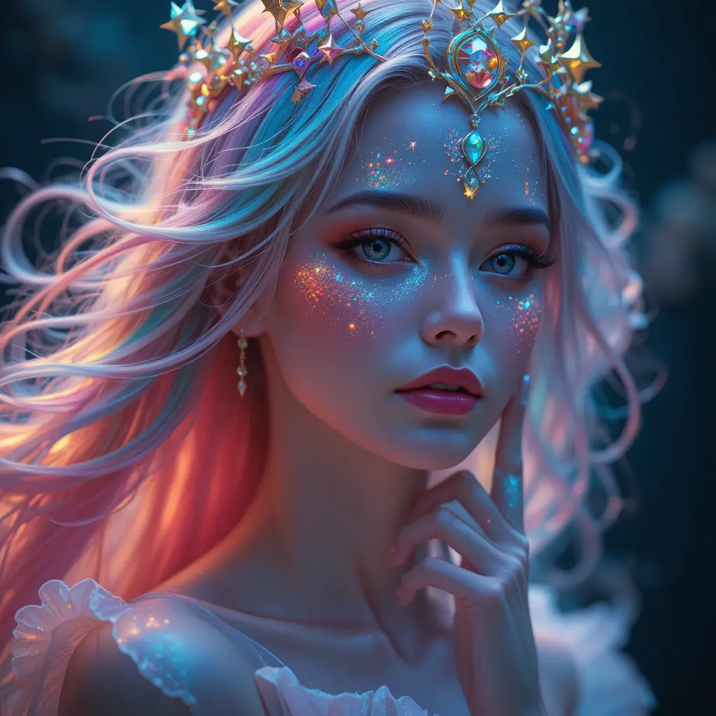 Radiant goddess woman with rainbow hair and starry crown