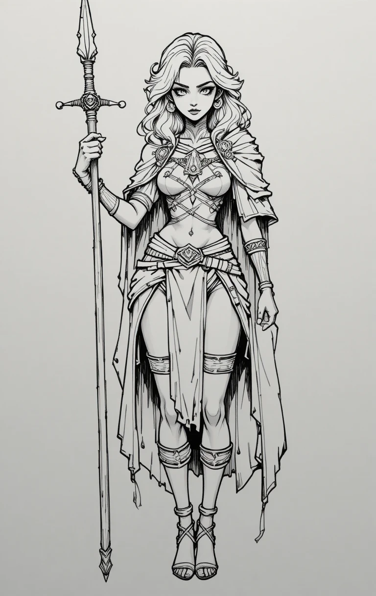 Fierce blonde warrior woman in tribal armor drawing