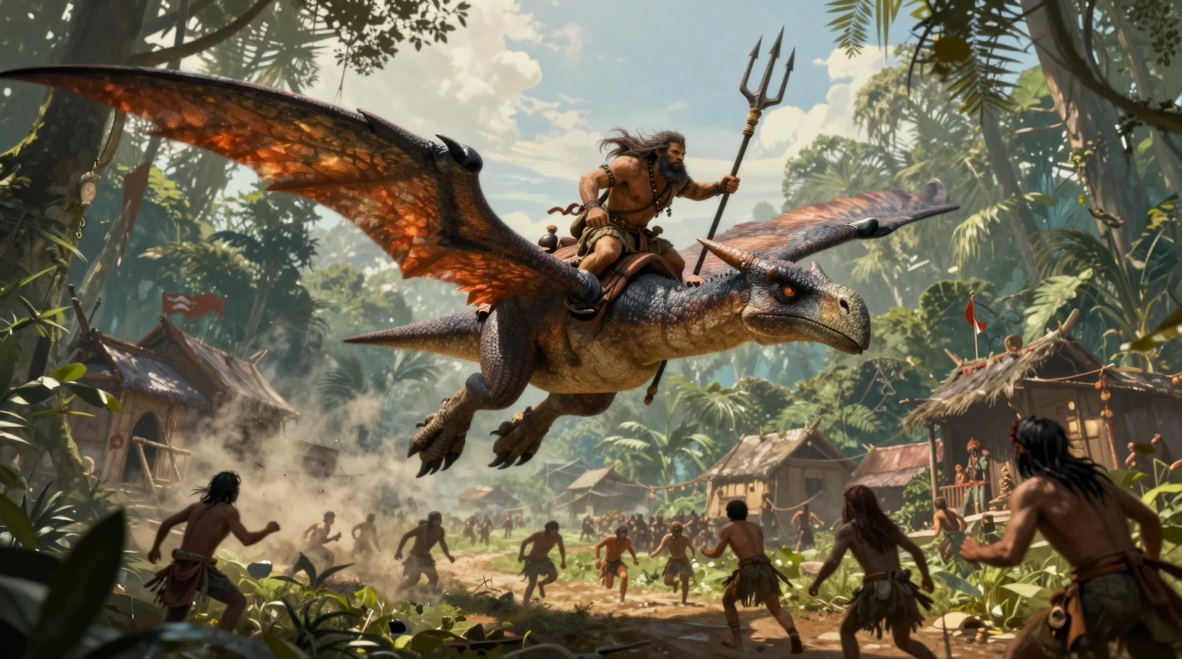 Bárbaro Montando un Pterodáctilo Sobre una Aldea en la Jungla