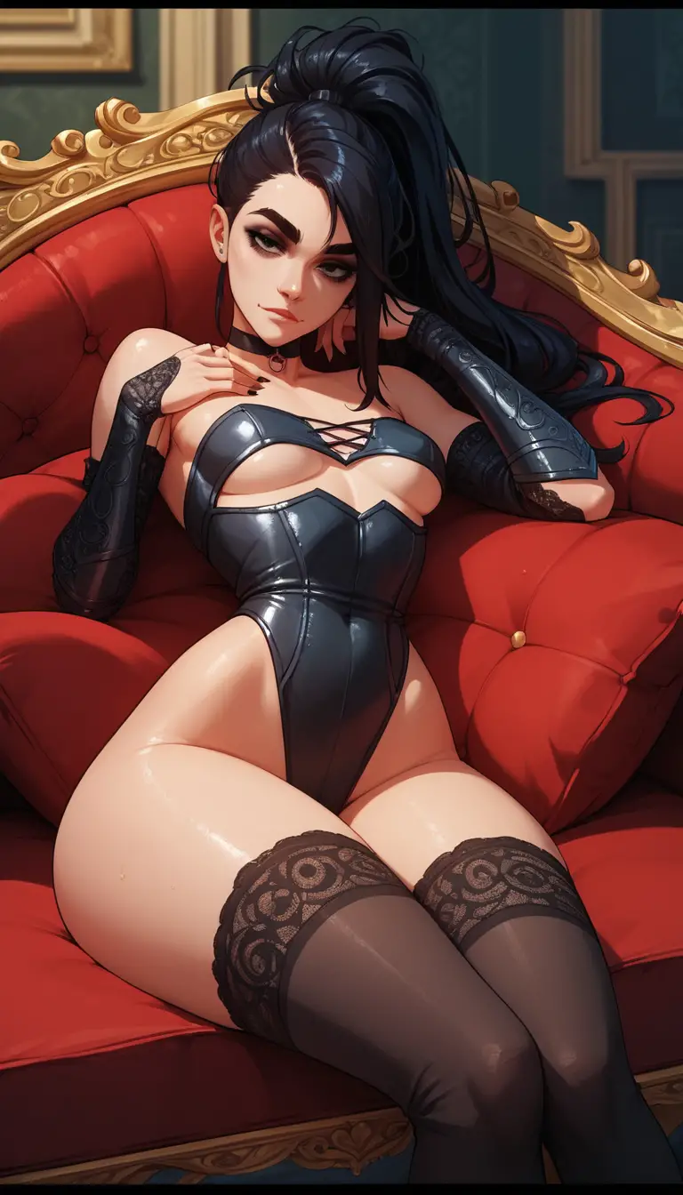 Tall anime woman in demonic leotard on royal couch