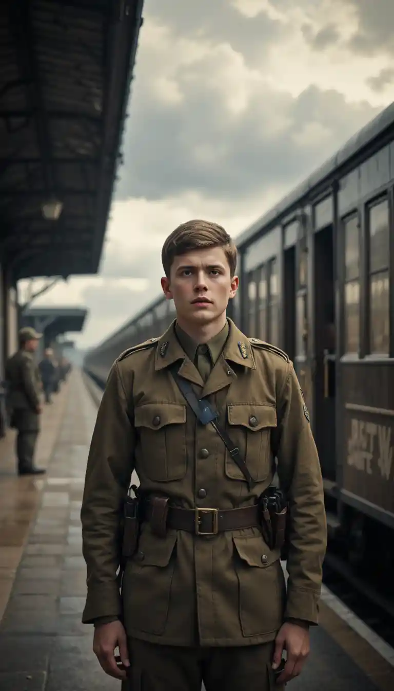 Young soldier at wartime train station under dramatic sky