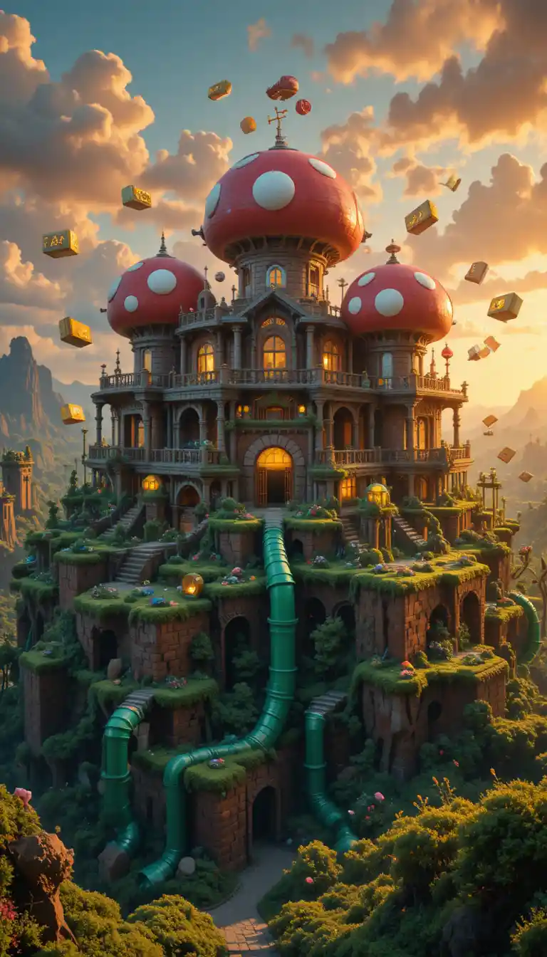 Surreal voxel mansion with giant mushrooms at sunset
