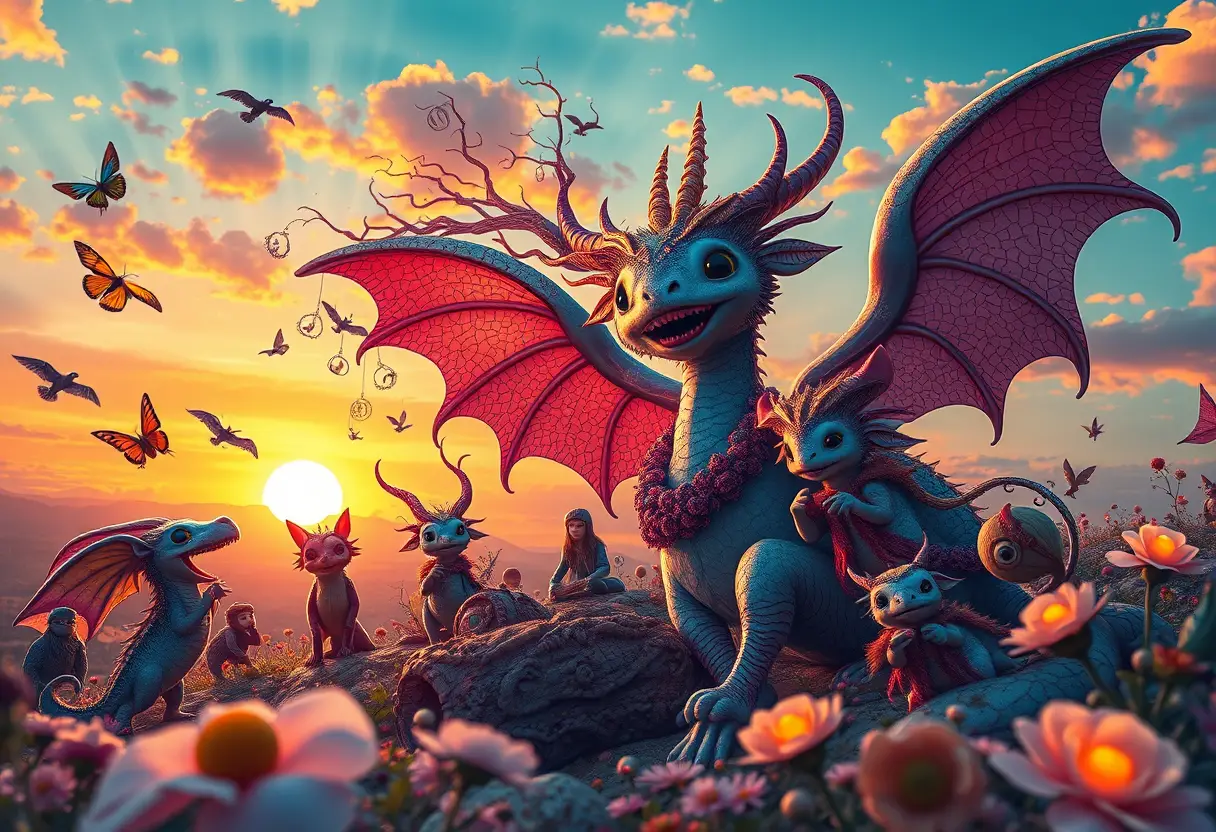 Whimsical fantasy creatures in a surreal sunset serenade