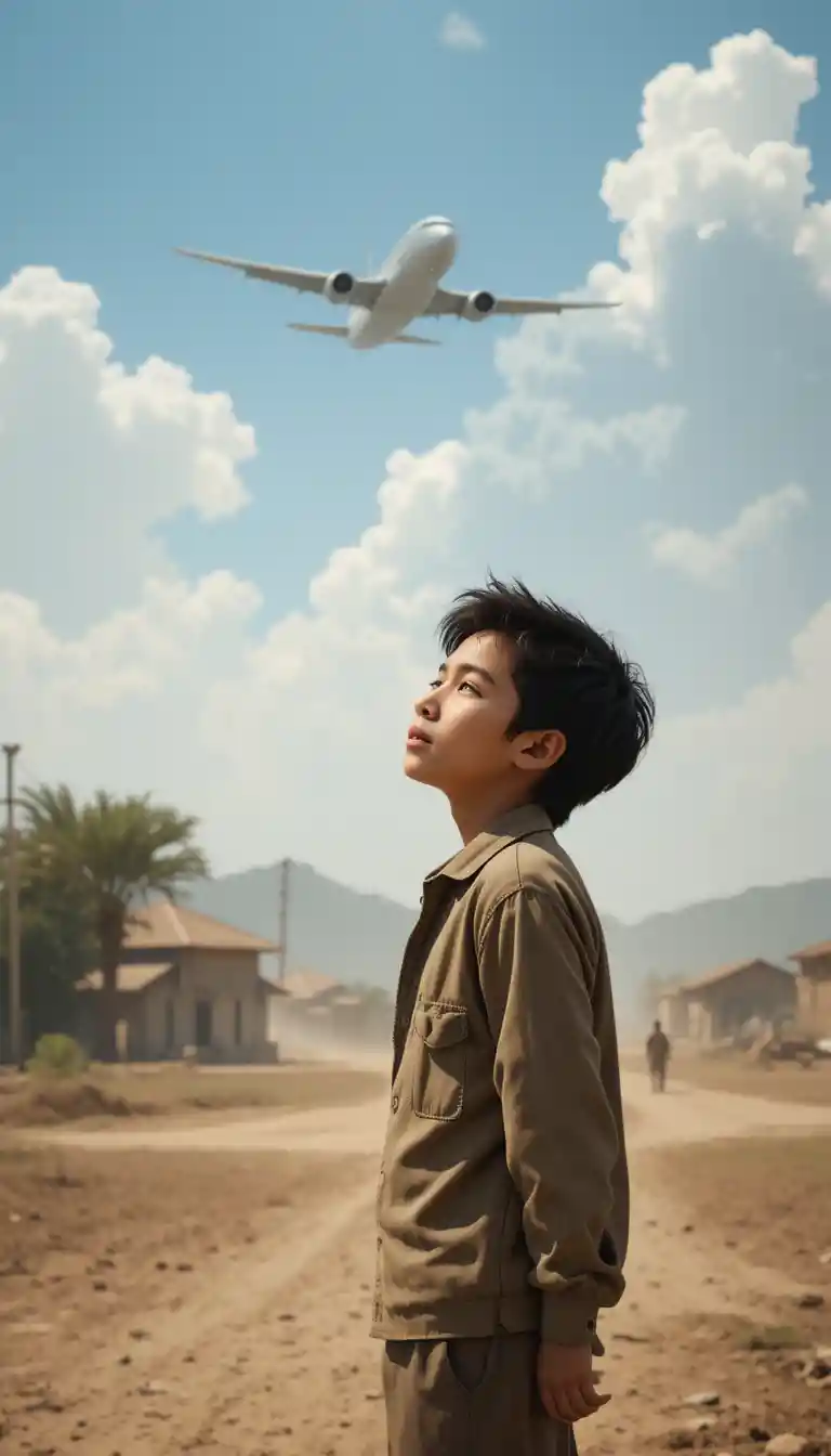 Niño observa un avión sobre una polvorienta pista de aldea