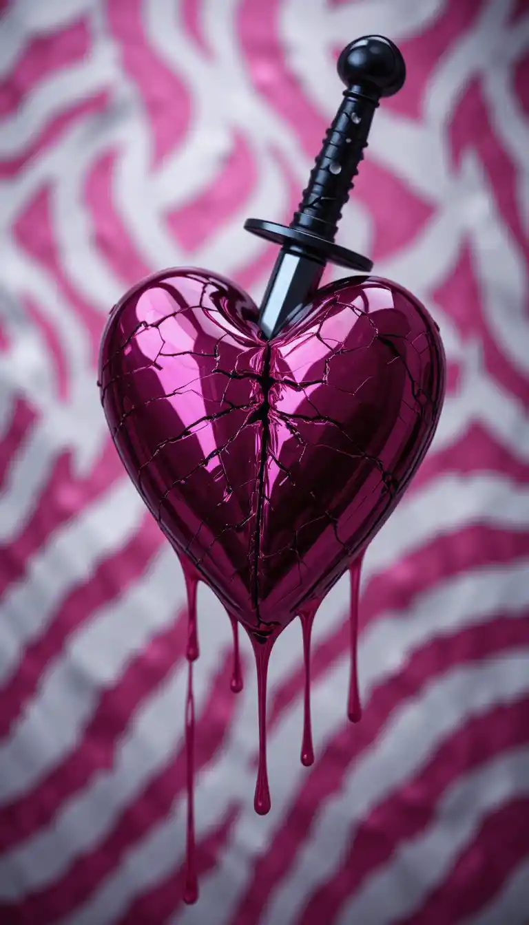 Foil heart pierced by dagger with dripping pink blood
