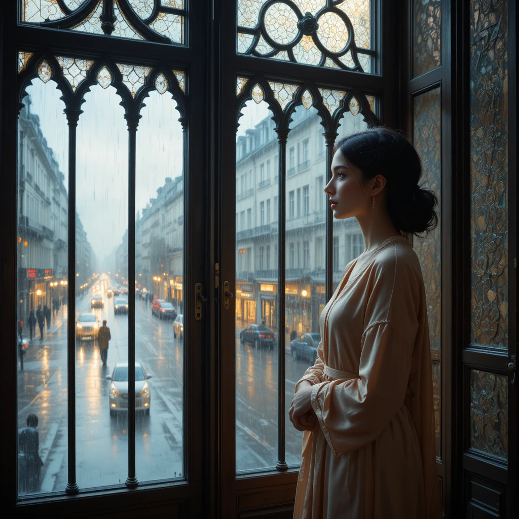 Woman in antique silk robe by rainy Paris window at dawn