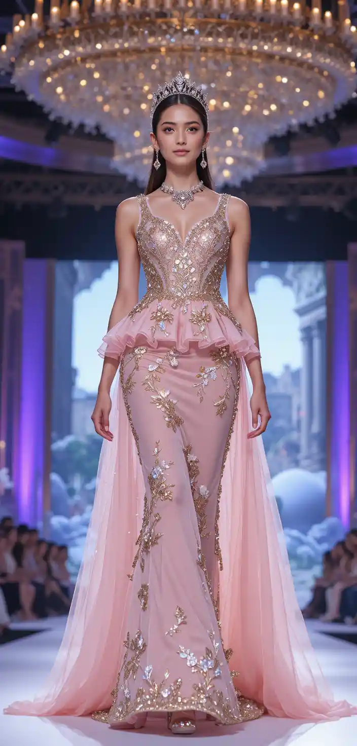 Runway model in pink embellished evening gown on circular stage