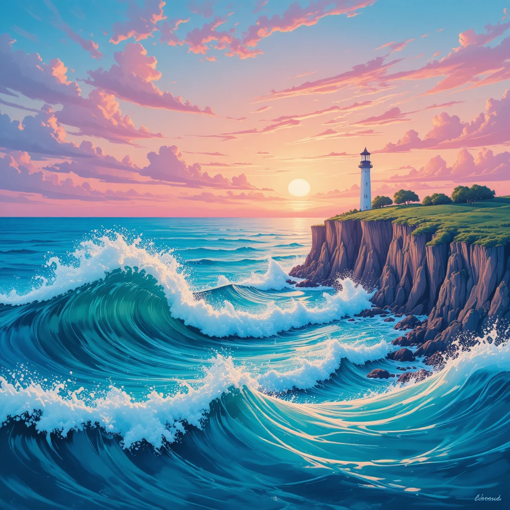 Faro al amanecer surreal sobre olas de océano color turquesa