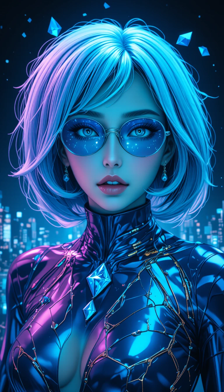 Cyberpunk woman with floating blue crystals in cosmic void