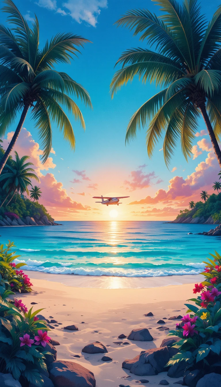 Tropical beach sunset with seaplane over tranquil ocean