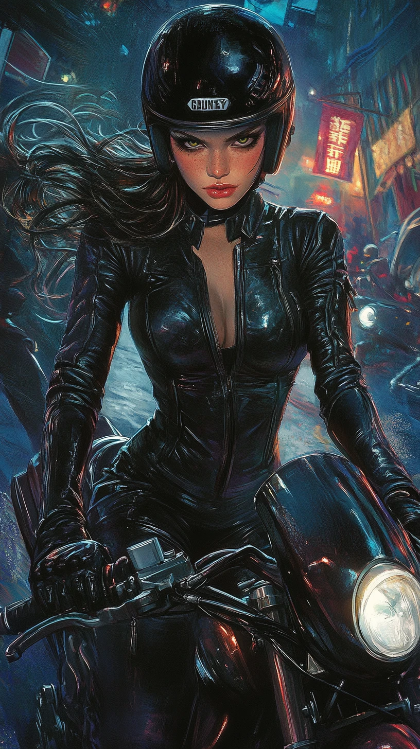 Guerrera con katana en moto futurista de noche