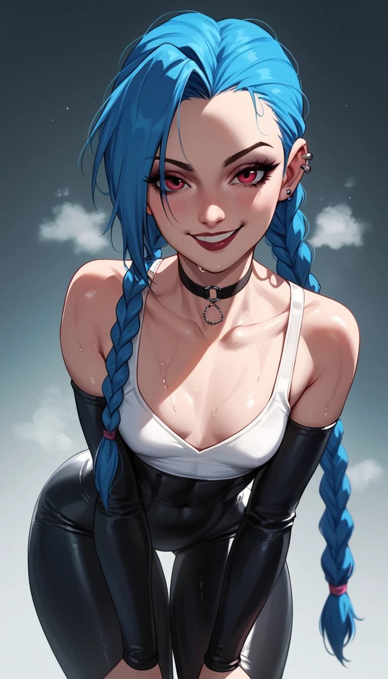 Anime girl in tight bodysuit posing in soft dawn steam