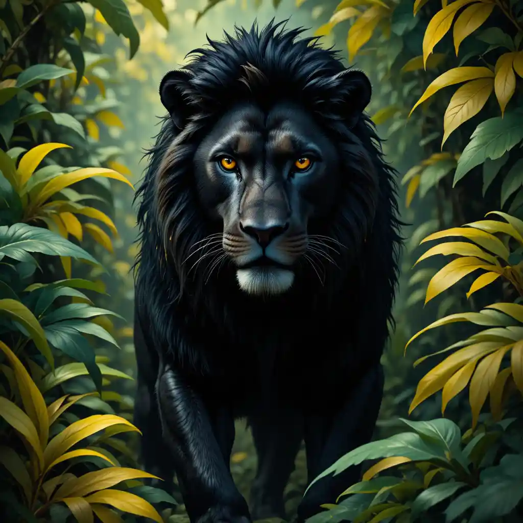 León oscuro con ojos dorados en una jungla colorida