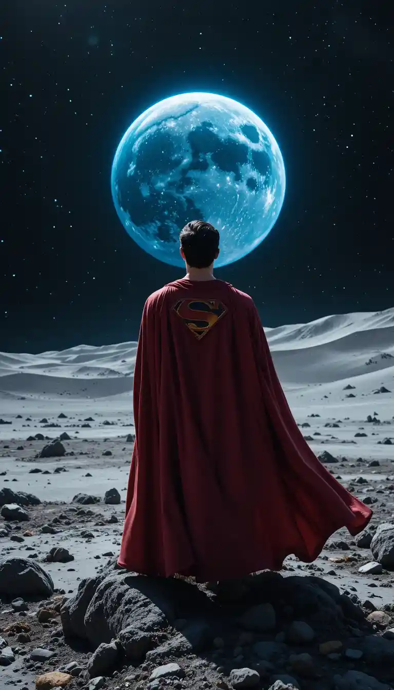 Heroischer Superheld steht auf dem Mond und blickt zur fernen Erde
