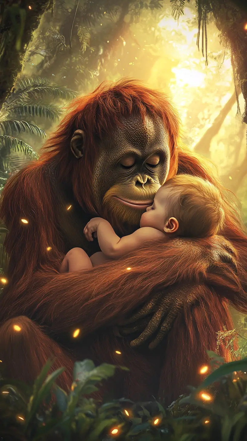 Orangután sosteniendo a un bebé humano en una escena de jungla luminosa