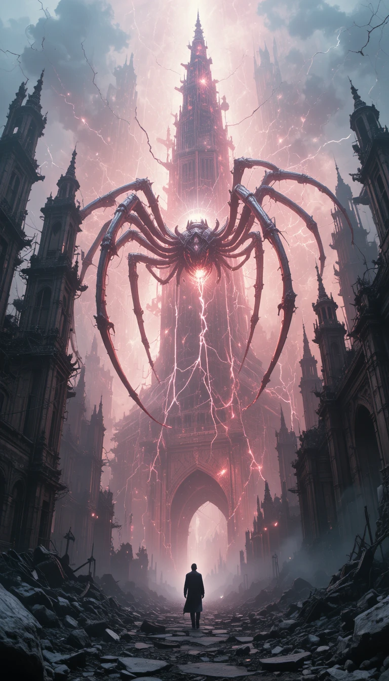 Spectral figure drifting through a glowing ruined city
