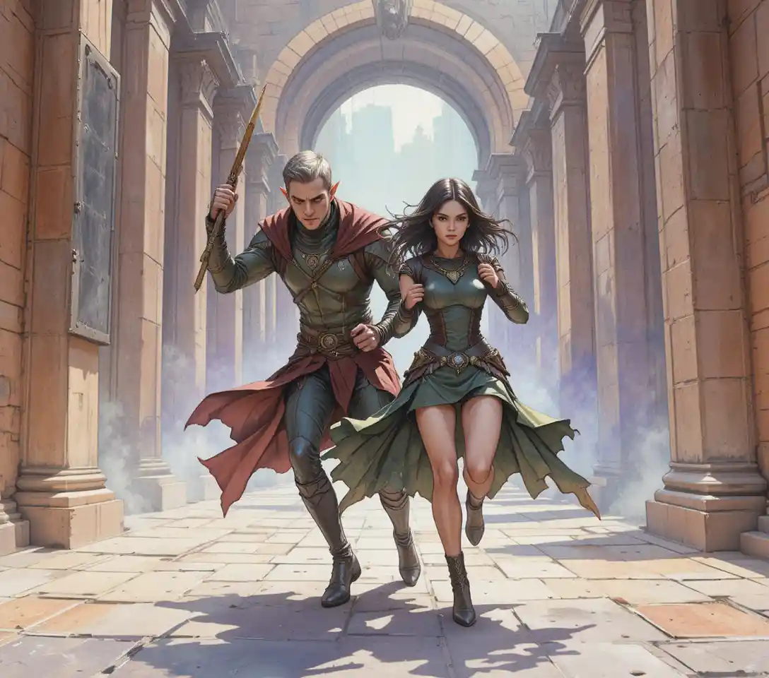 Elf warrior and ally in dramatic fantasy battle scene