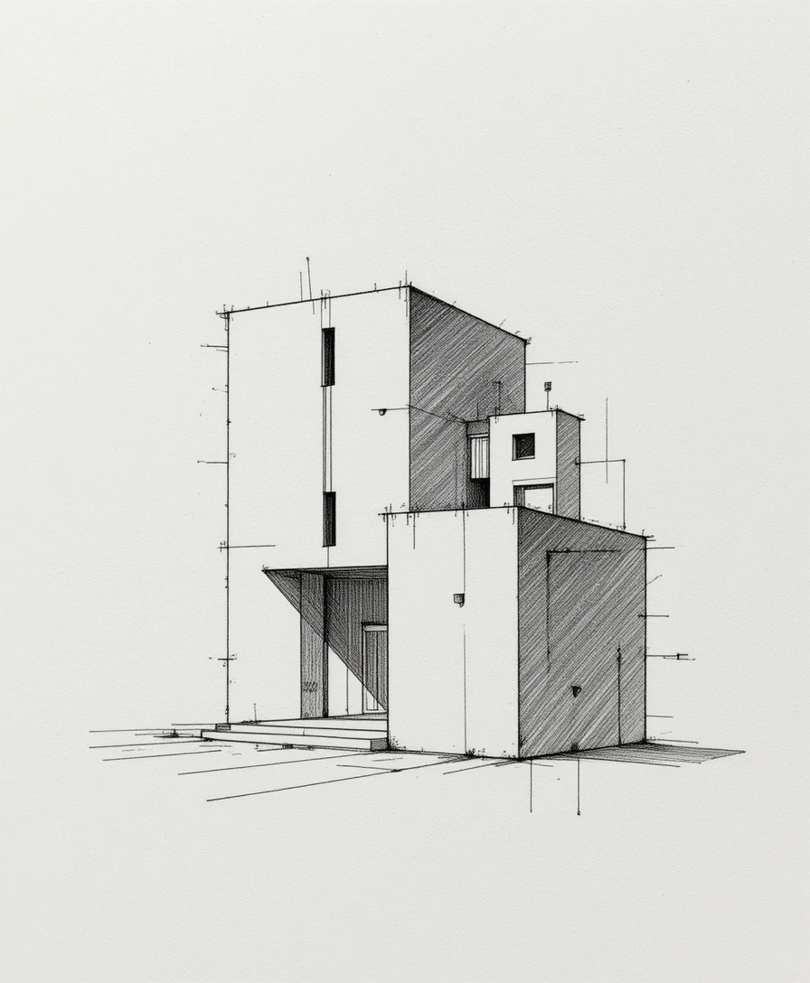 Minimalistische Bleistiftzeichnung eines einzelnen Architekturgebäudes