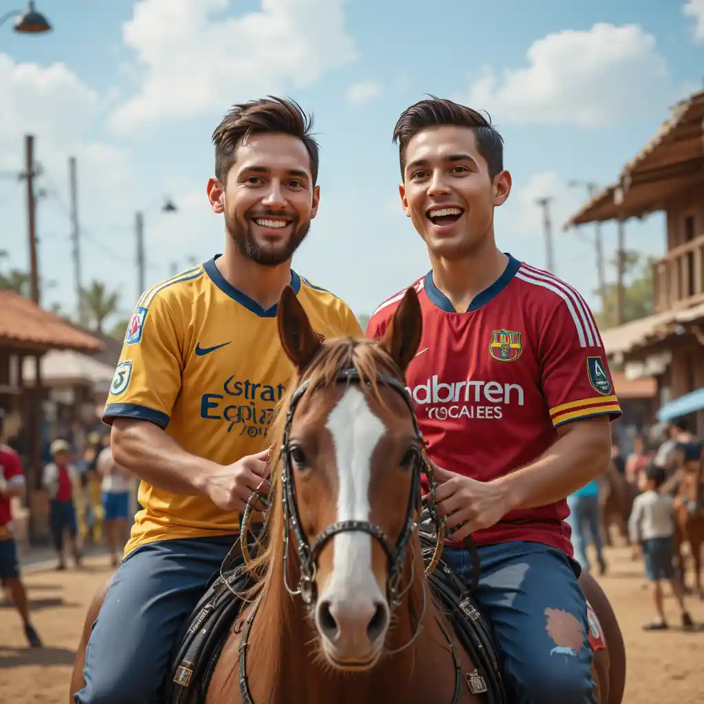 Dois astros gordinhos do futebol cavalgando por uma vila
