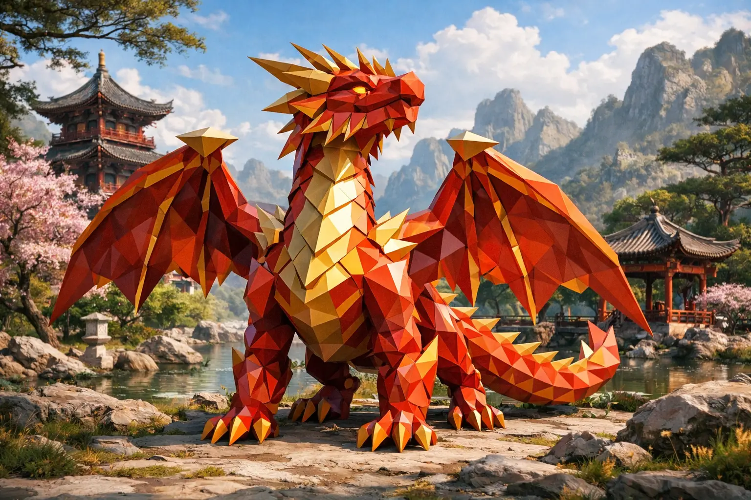 Low poly dragon in a majestic Chinese mountain landscape