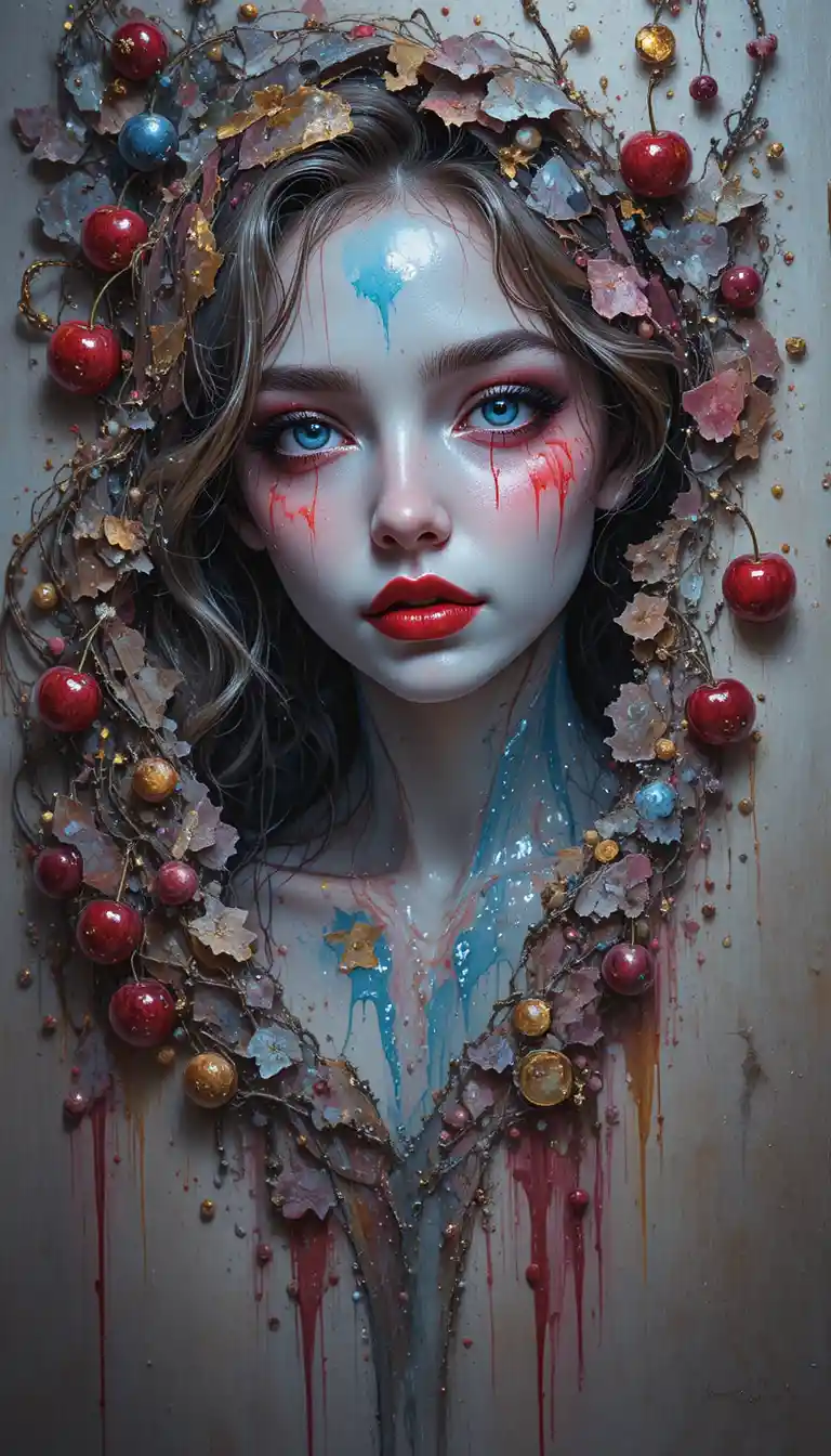 Smiling girl emerging from a glowing surreal wall painting