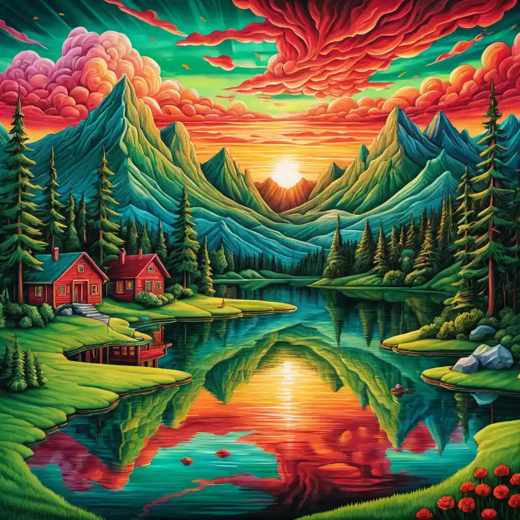 Surrealer Sommer-Bergsee bei Sonnenuntergang in lebendigen Farben