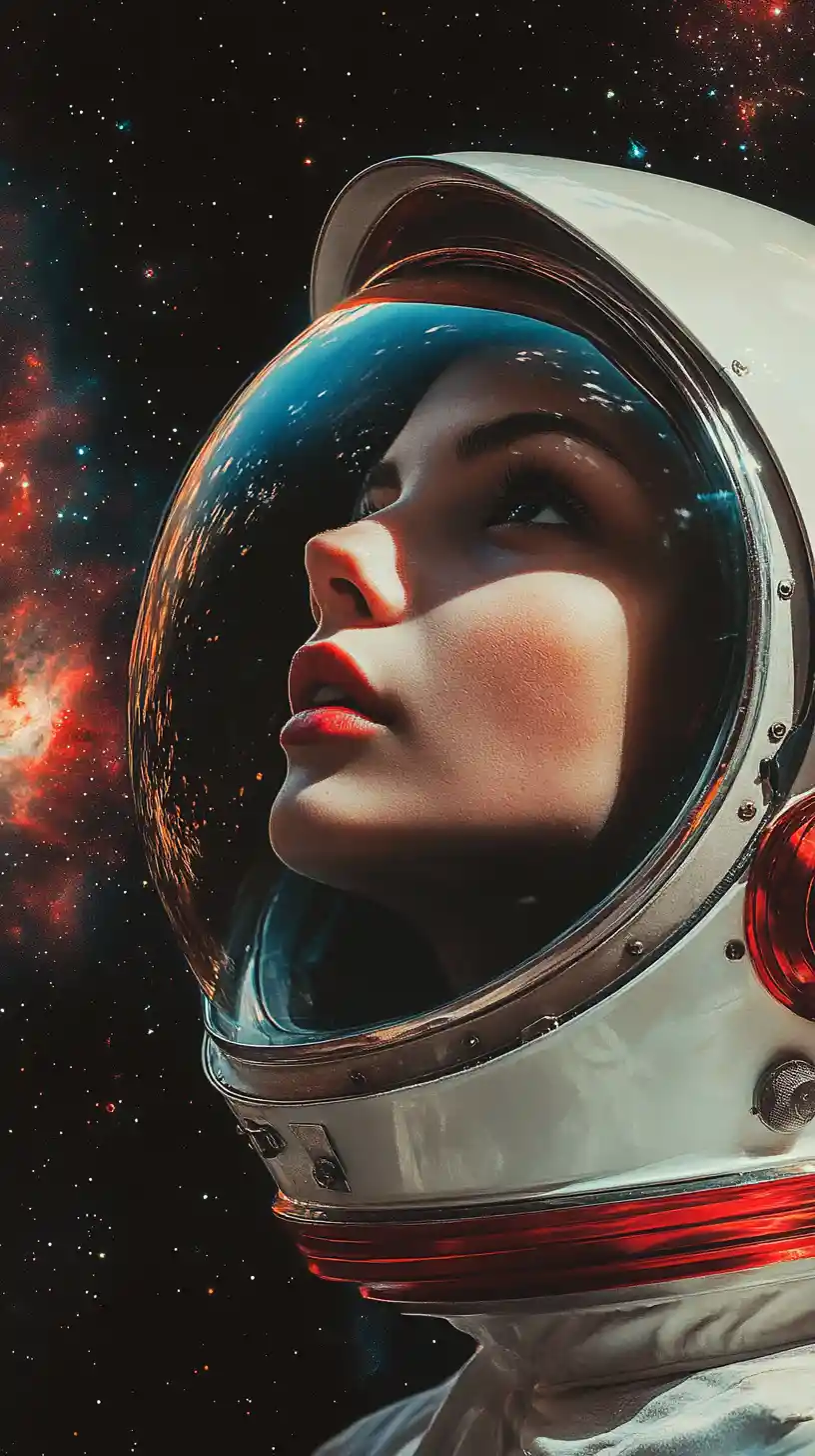 Female astronaut gazing toward a colorful cosmic nebula