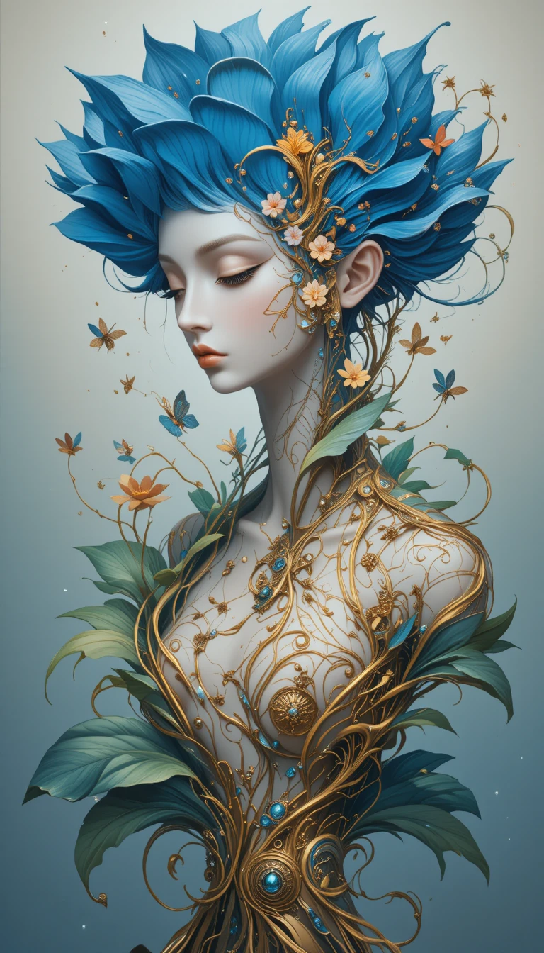 Surreal split portrait of an ethereal woman with blue poppy crown